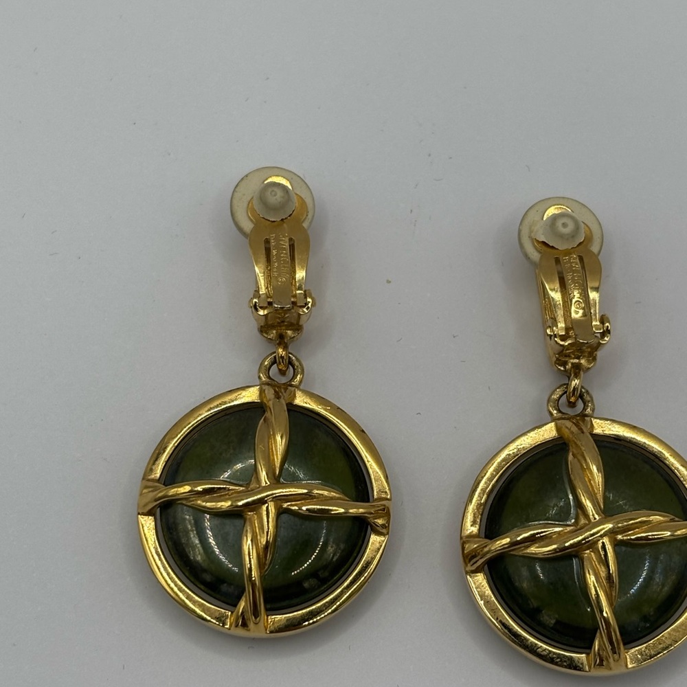 Vintage Givenchy Cabochon Clip On Chunky Green Gold Logo Drop Earrings - Picture 2 of 4